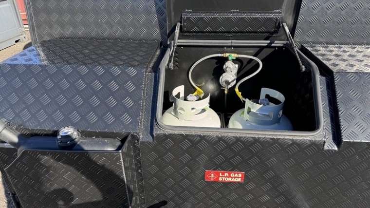 Large Tool Box on Drawer Bar with Separate Mid Box Gas Bottle Storage and Diesel Can Attached